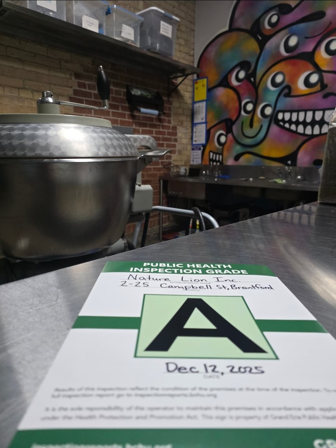 Grade A Public Health Inspection Certificate for Nature Lion Inc. - December 2025