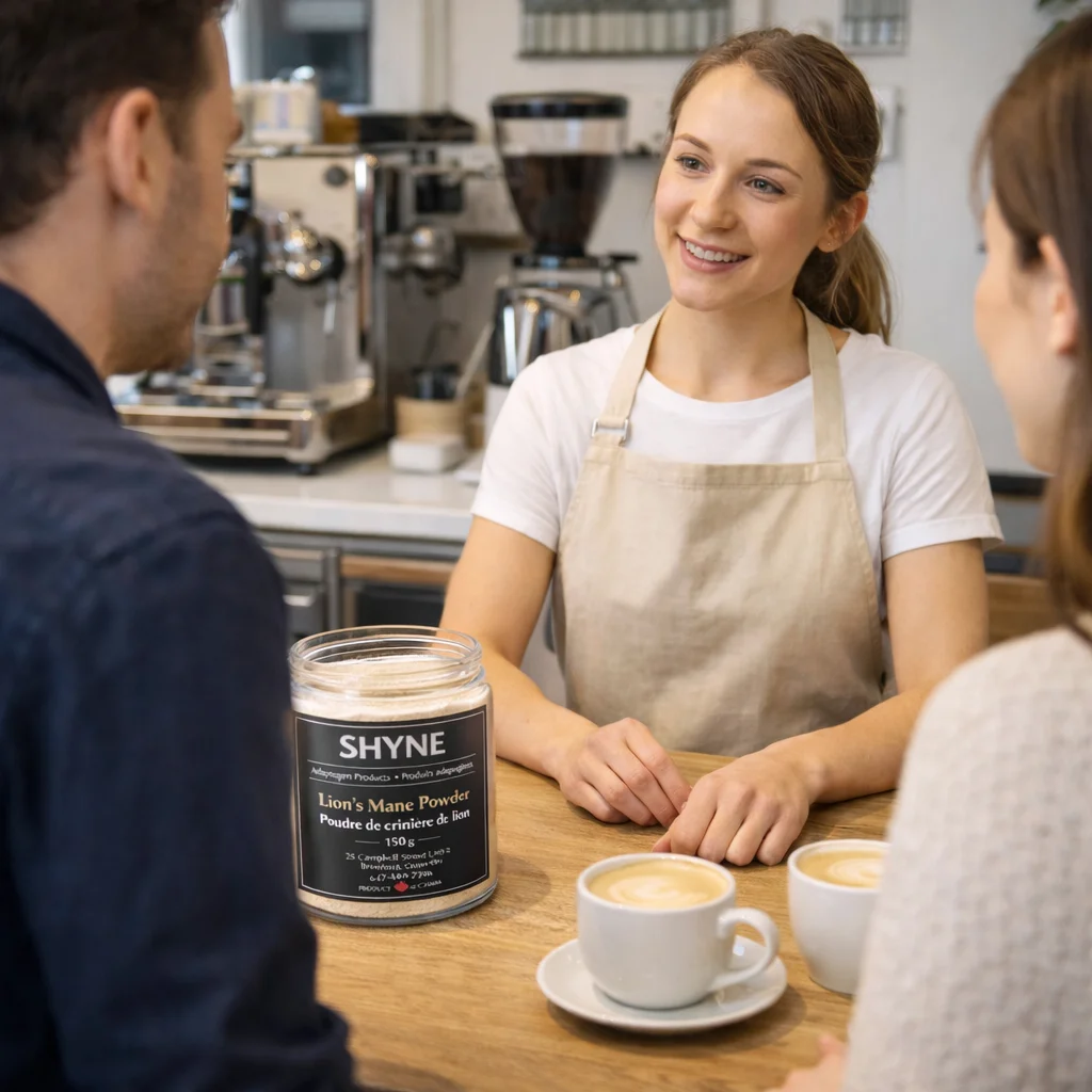 Barista talking with customers with Shyne adaptogen jar on the counter