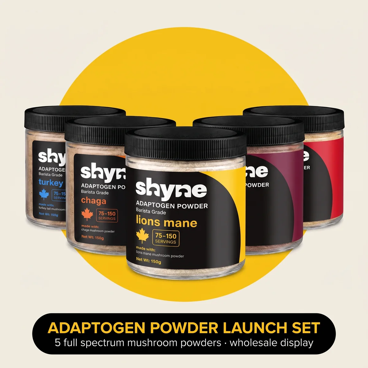 Shyne adaptogen mushroom powder jars