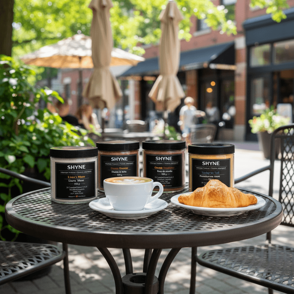 Five Shyne adaptogen jars grouped on an outdoor café patio