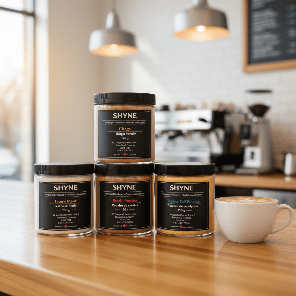 Five Shyne adaptogen jars in a pyramid stack on a modern café counter