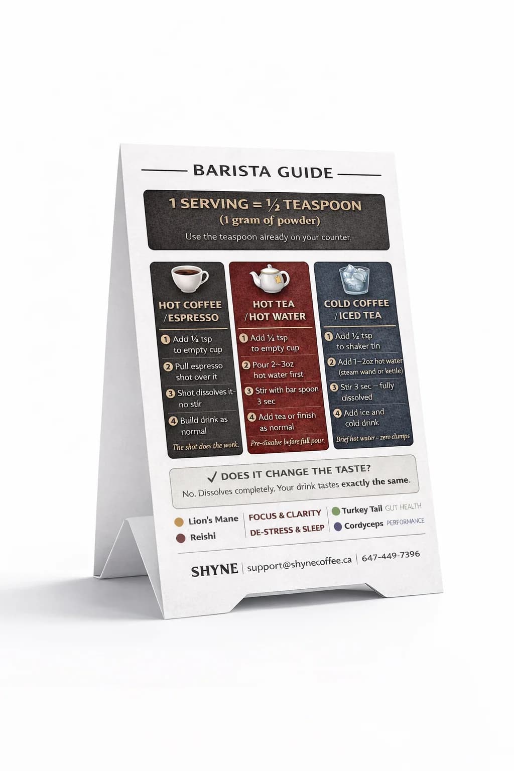 Shyne tabletop sign back — Barista Guide with serving instructions