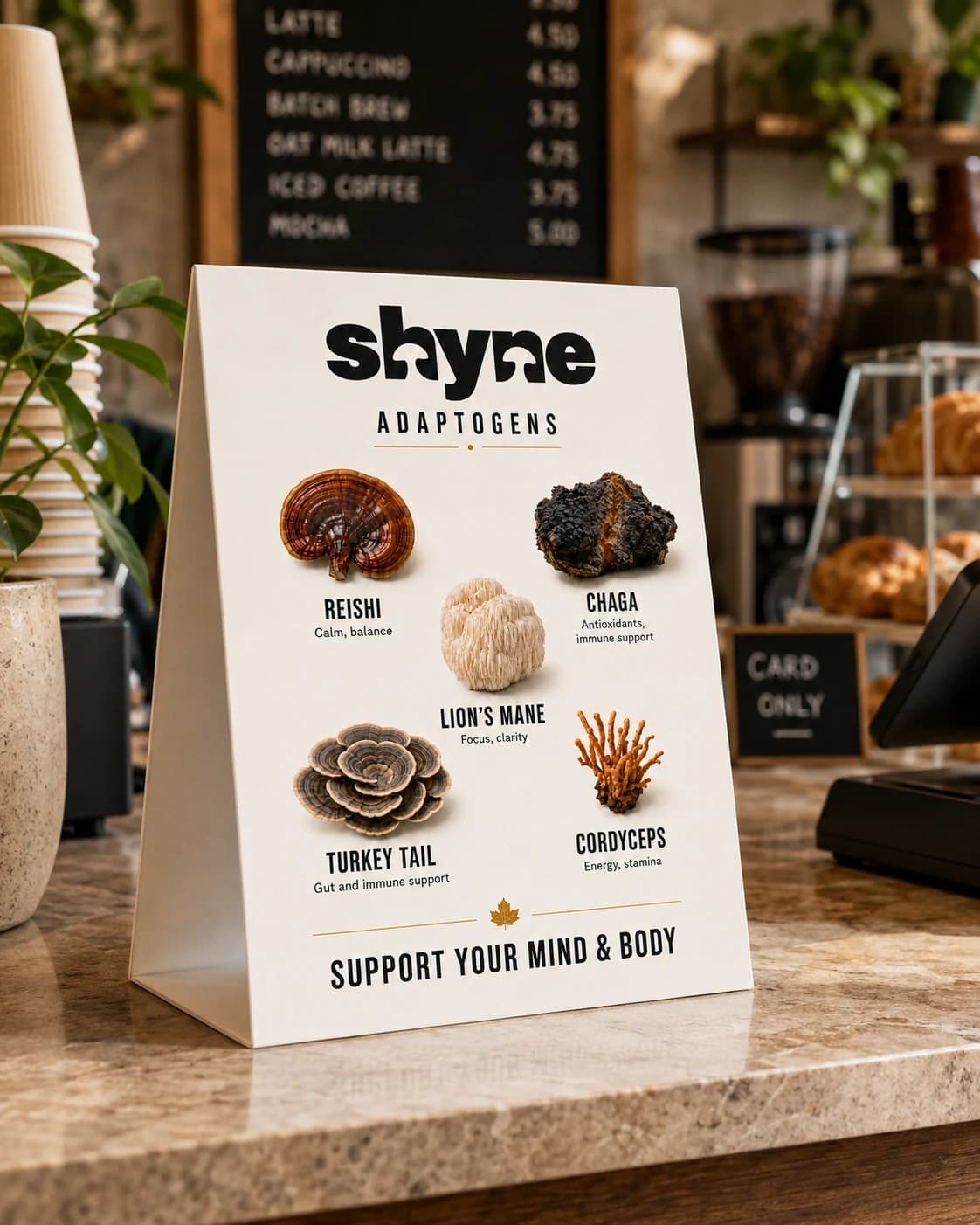 Shyne Adaptogens table-tent sign on a cafe counter