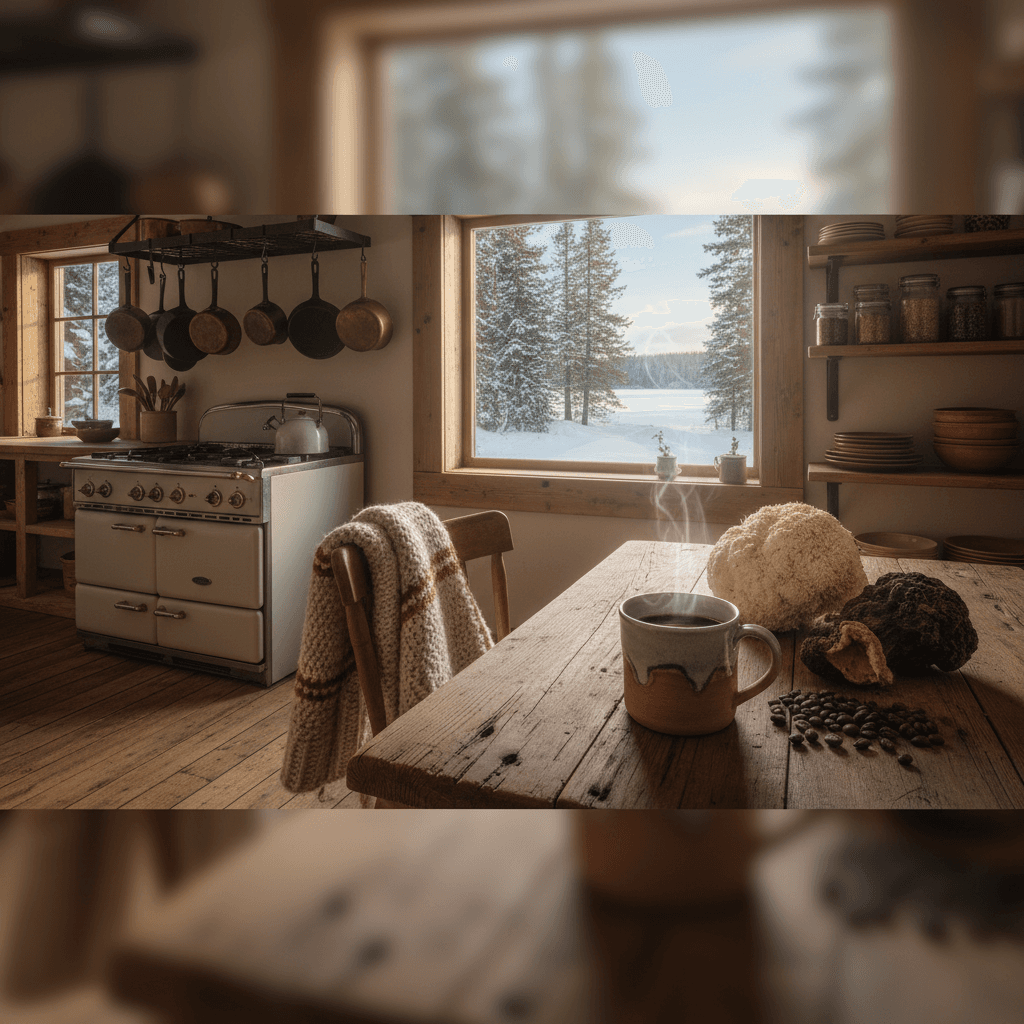 Best Mushroom Coffee in Canada 2026 - Cozy Canadian kitchen with steaming coffee mug and mushrooms by a snowy window