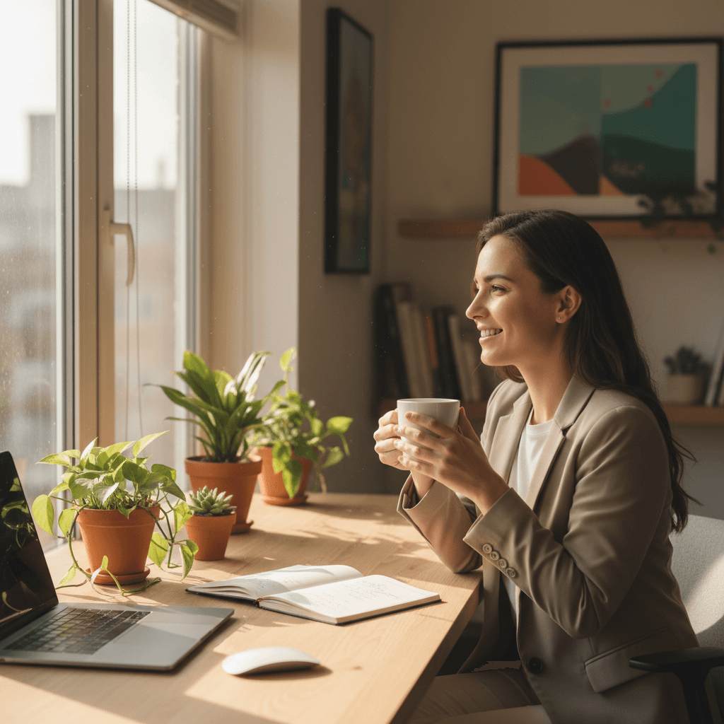Afternoon Energy Crash Solutions - Refreshed office worker with coffee