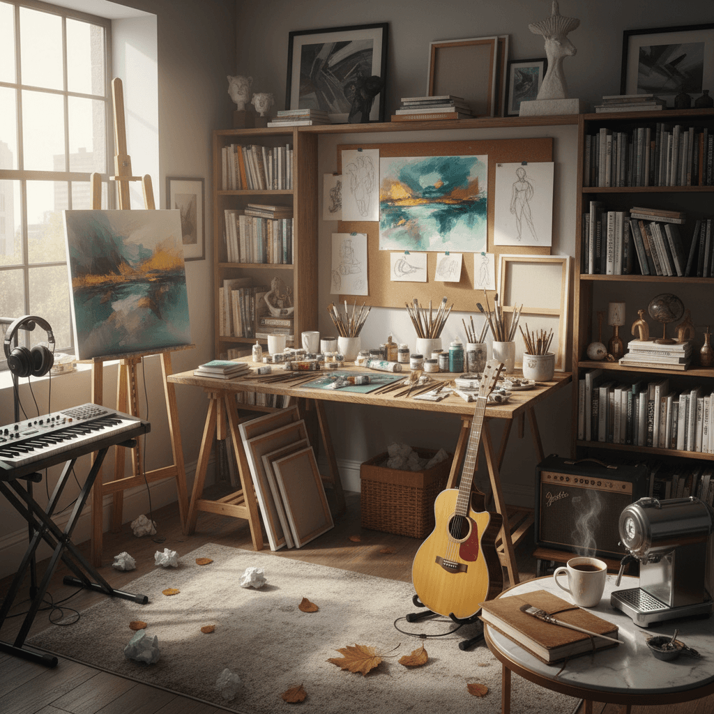 Artist with coffee in creative studio space