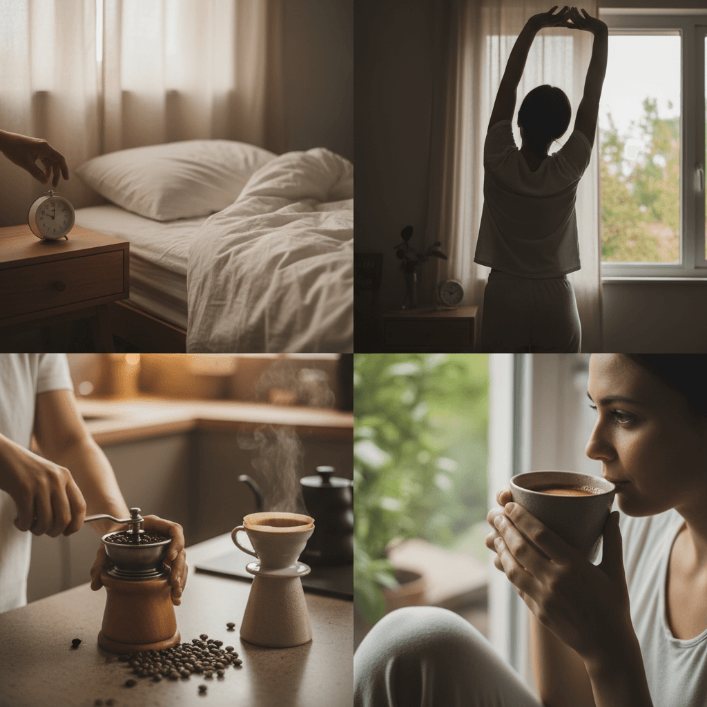 Mindful morning coffee ritual with journaling