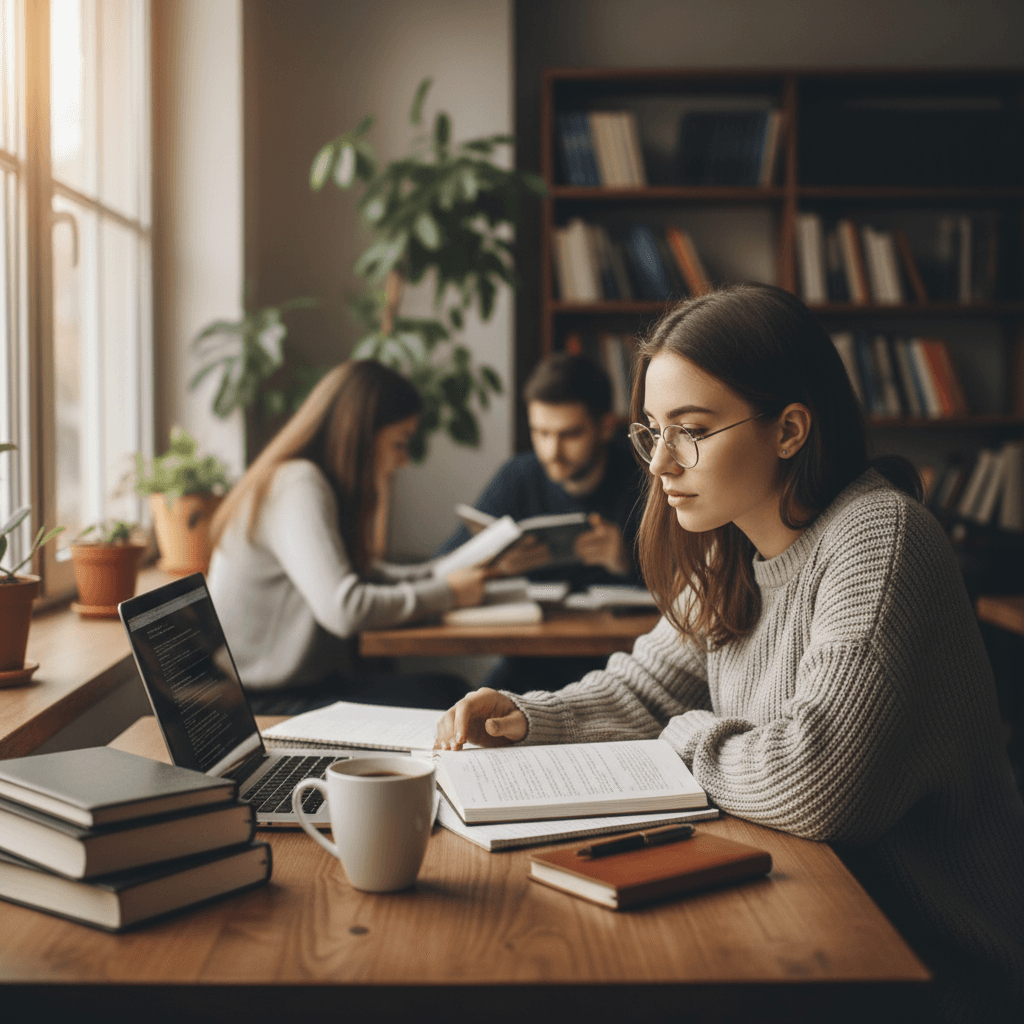 Mushroom Coffee for Students - Student studying with coffee