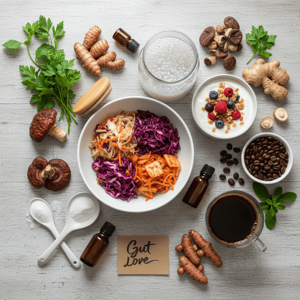 Gut health concept with probiotic foods and coffee