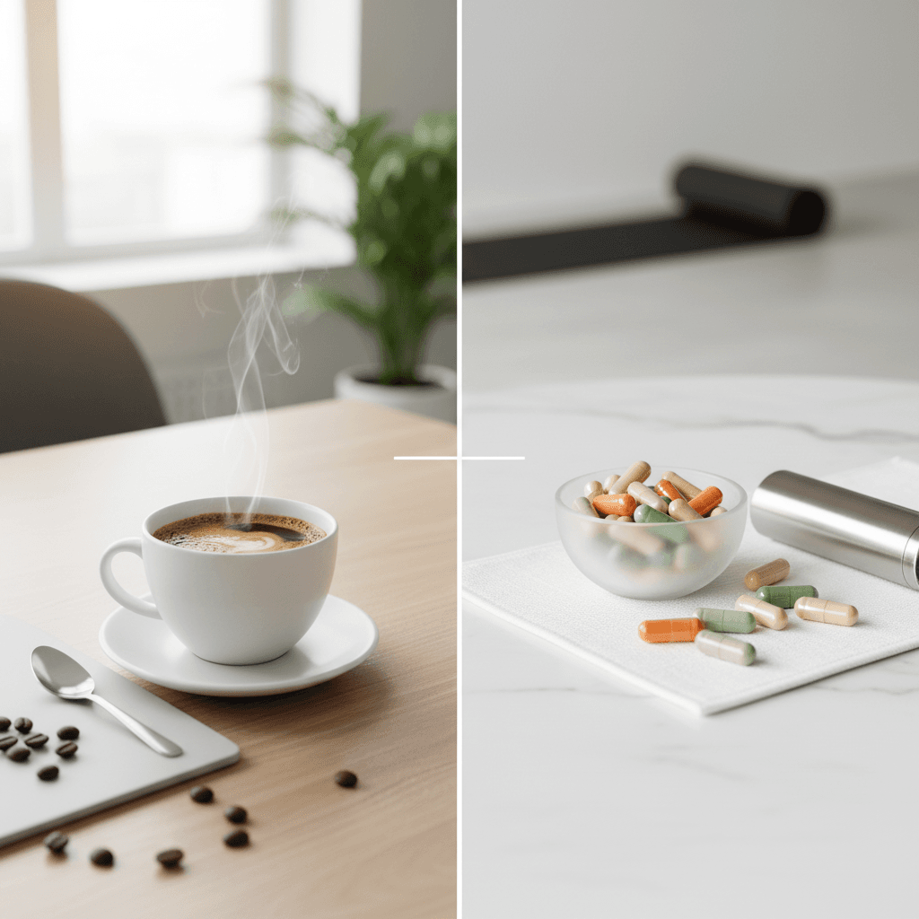 Mushroom Coffee vs Supplements - Coffee cup and capsules comparison