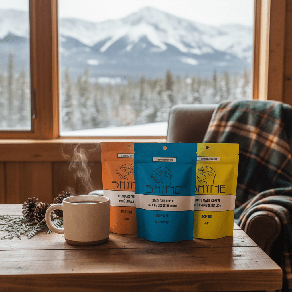 SHYNE coffee beside a warm mug