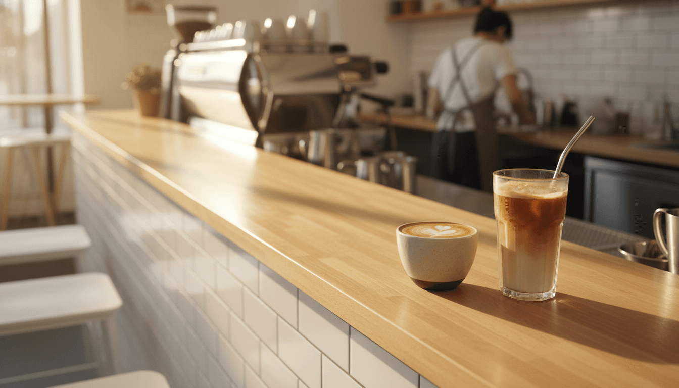 Cafe counter with finished mushroom drinks