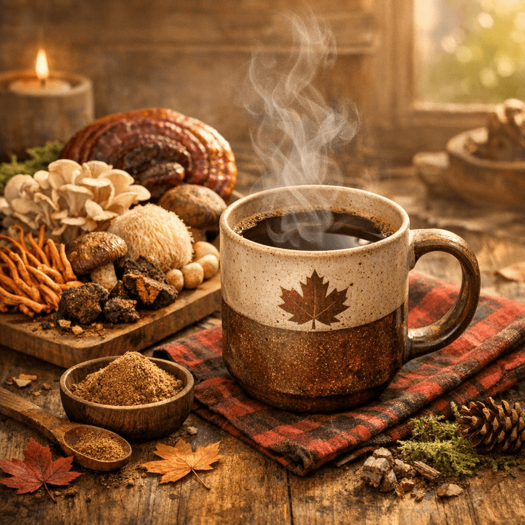 Maple leaf coffee mug with mushrooms on tray in cozy cabin - best time to drink guide