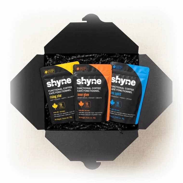 Black gift box with three Shyne coffee pouches