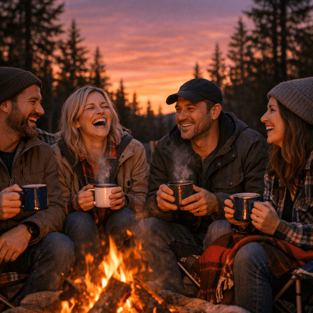 Active friends enjoying coffee by campfire outdoors - sports performance guide