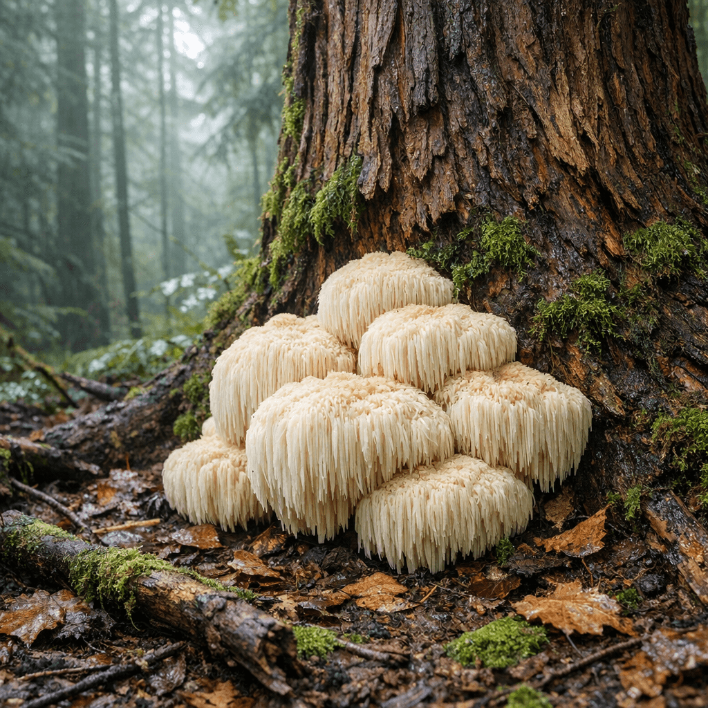 Wild lion's mane mushroom cluster growing at tree base - supplements comparison guide