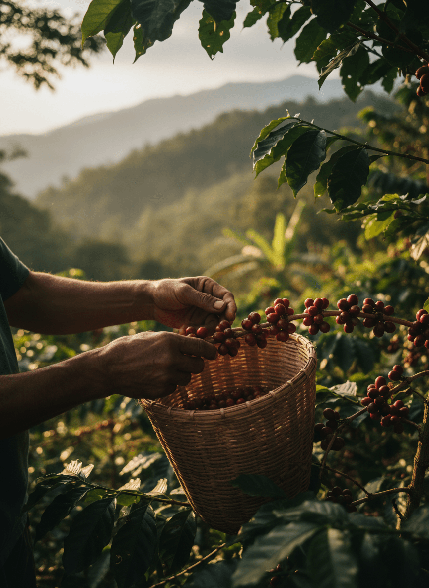 Hands picking ripe coffee cherries in Papua New Guinea highlands