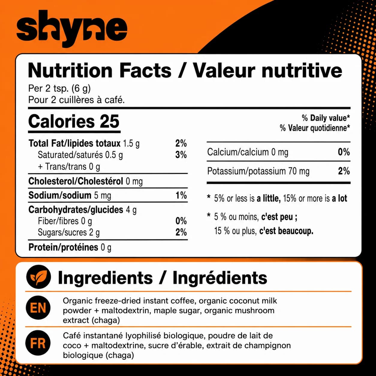 Chaga Coffee — ingredient list and nutrition facts panel