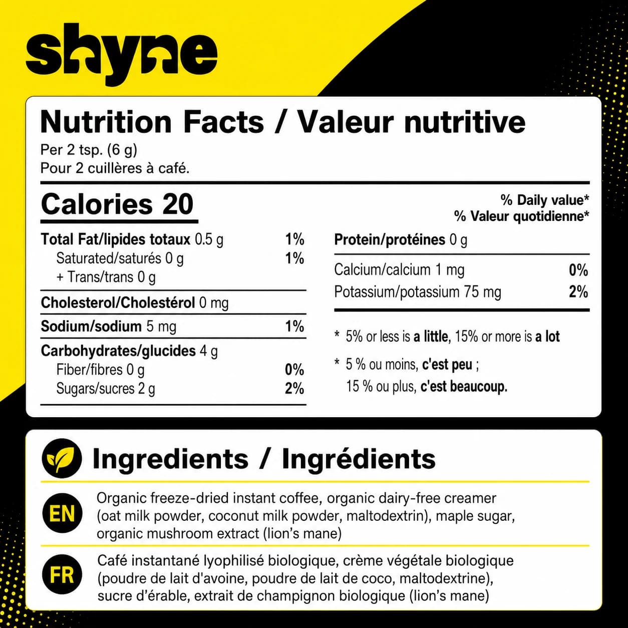 Lion's Mane Coffee — ingredient list and nutrition facts panel