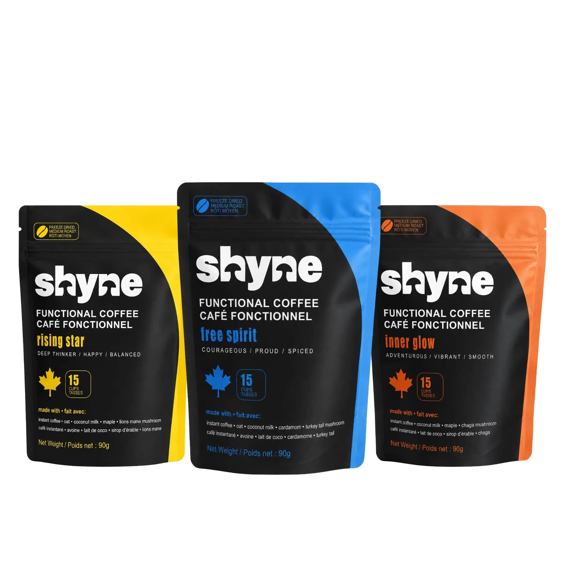 Shyne Starter Pack — Rising Star, Free Spirit and Inner Glow mushroom coffee pouches