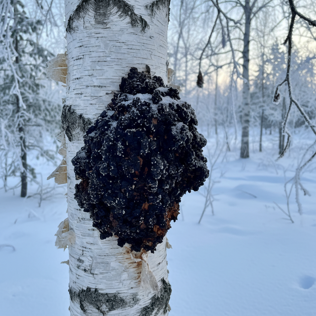 Chaga mushroom growing on birch tree in forest