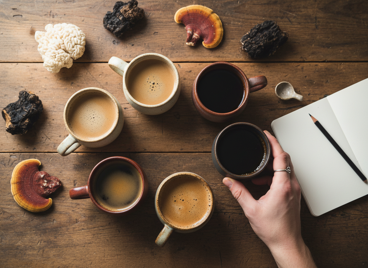 Comparing different mushroom coffee brands on a kitchen table