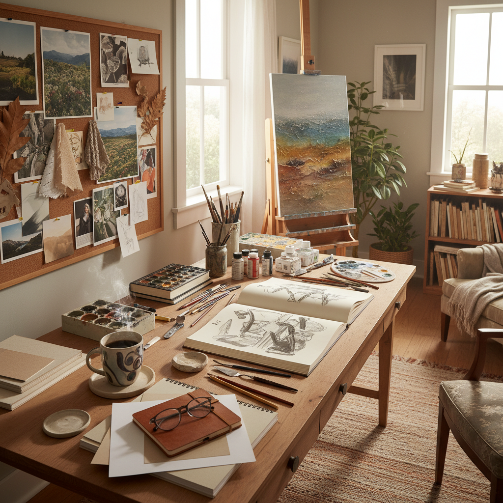 Creative workspace with mushroom coffee for productivity