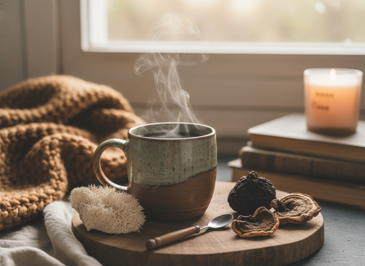 Premium Canadian mushroom coffee blend burlap bag with mushroom variety