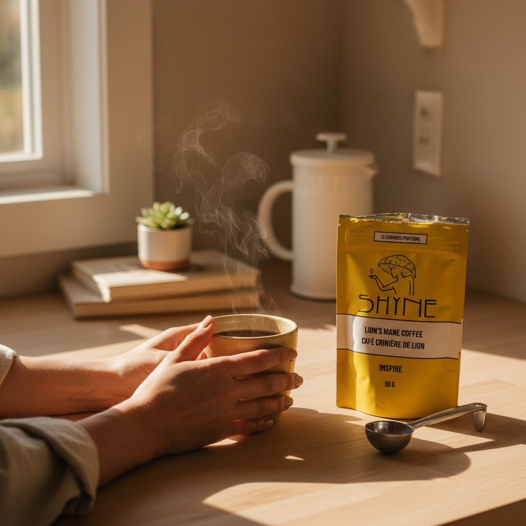 Shyne Lion's Mane Coffee bag on kitchen counter with hands holding steaming mug - cozy morning ritual