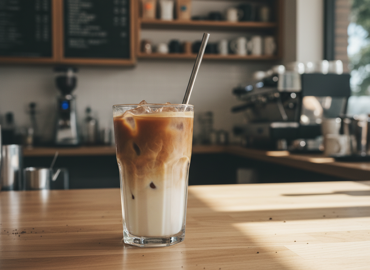 Iced latte on a cafe counter