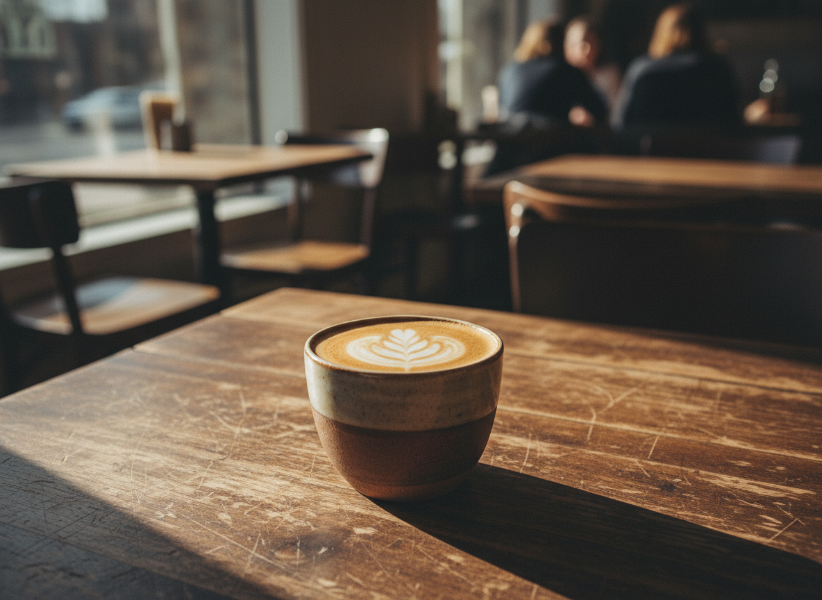 A warm latte on a cafe table