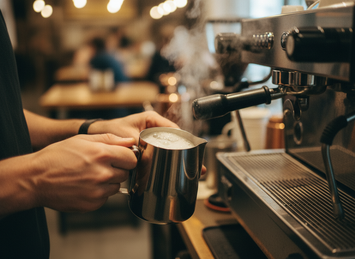 Barista frothing milk with a steam wand
