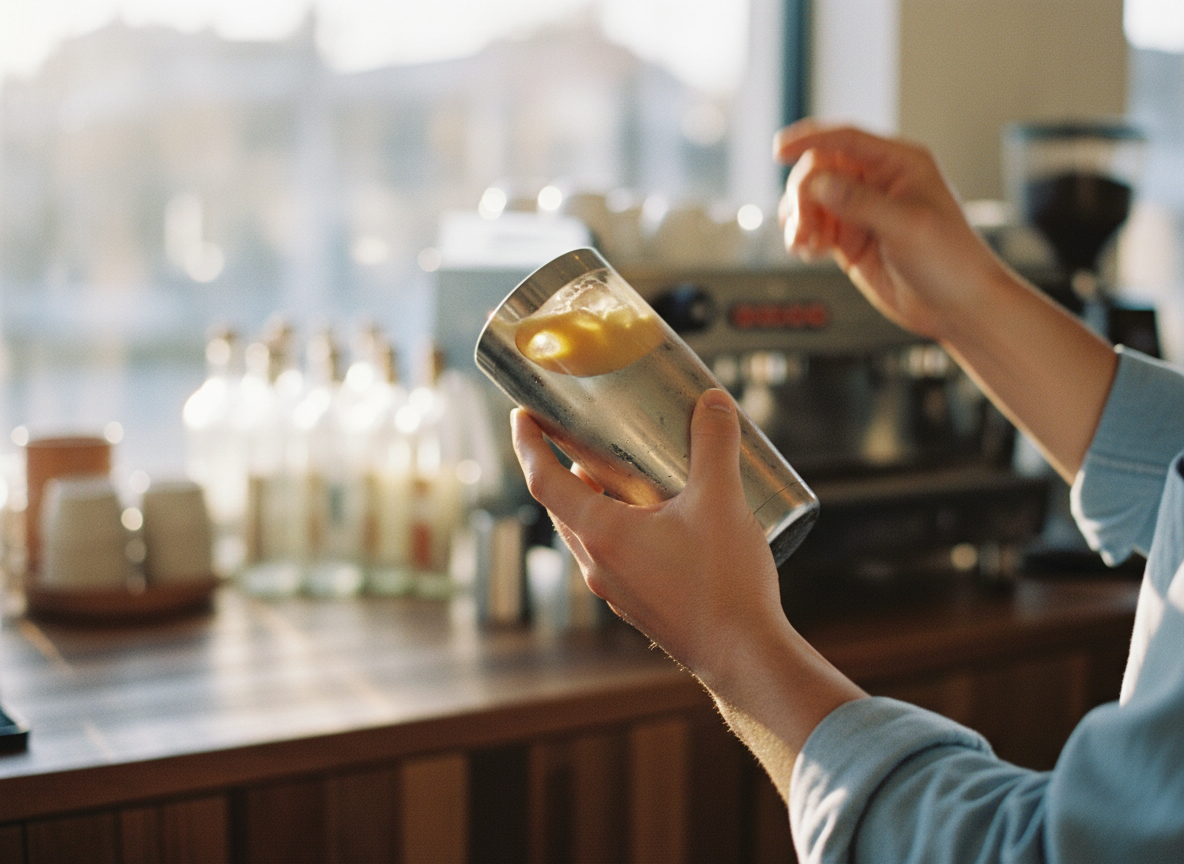 Shaking an iced drink in a cocktail shaker