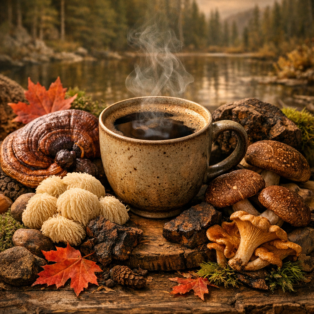 Mushroom coffee autumn lake with reishi lions mane and maple leaves