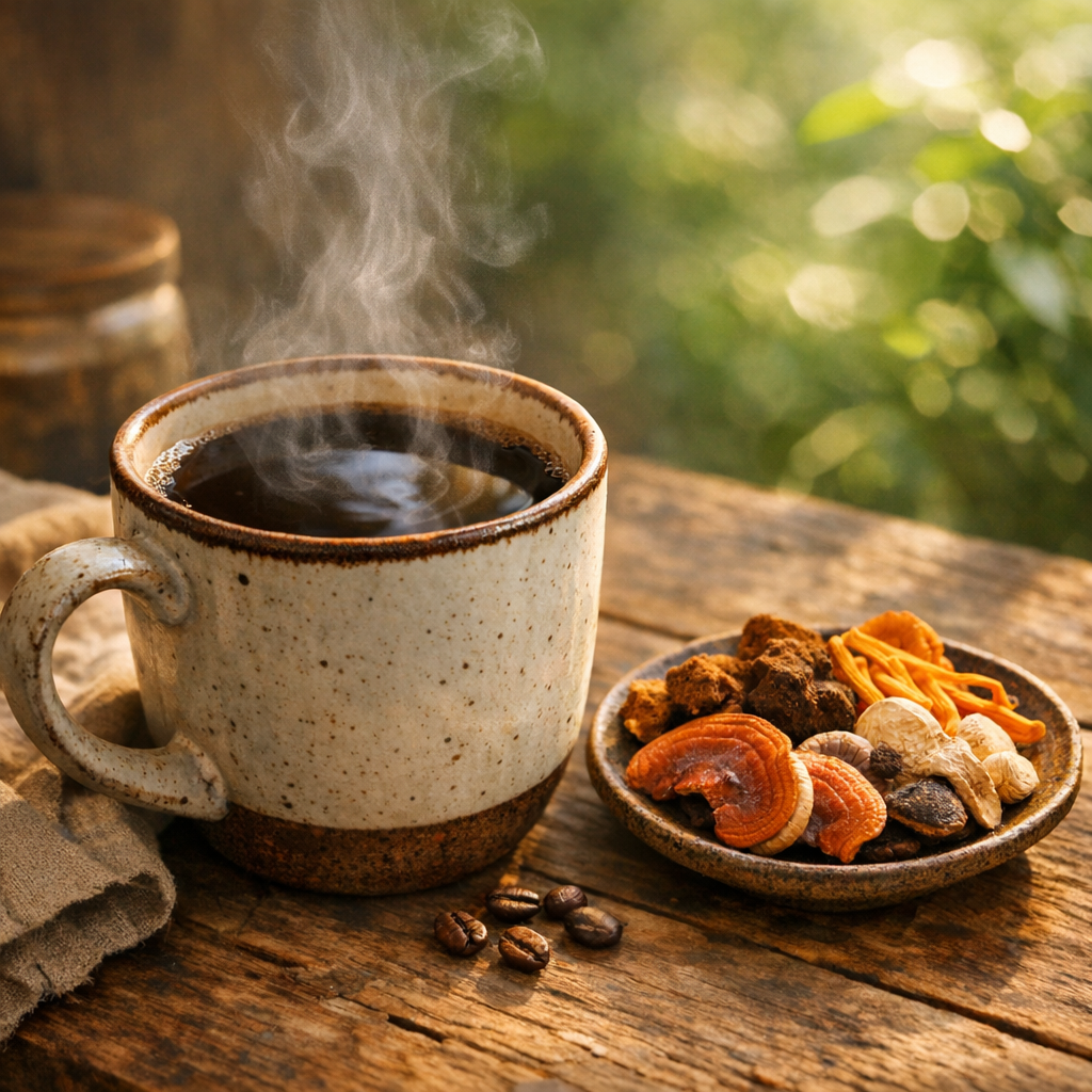 Ceramic mushroom coffee cup with reishi and chaga mushrooms in garden morning setting