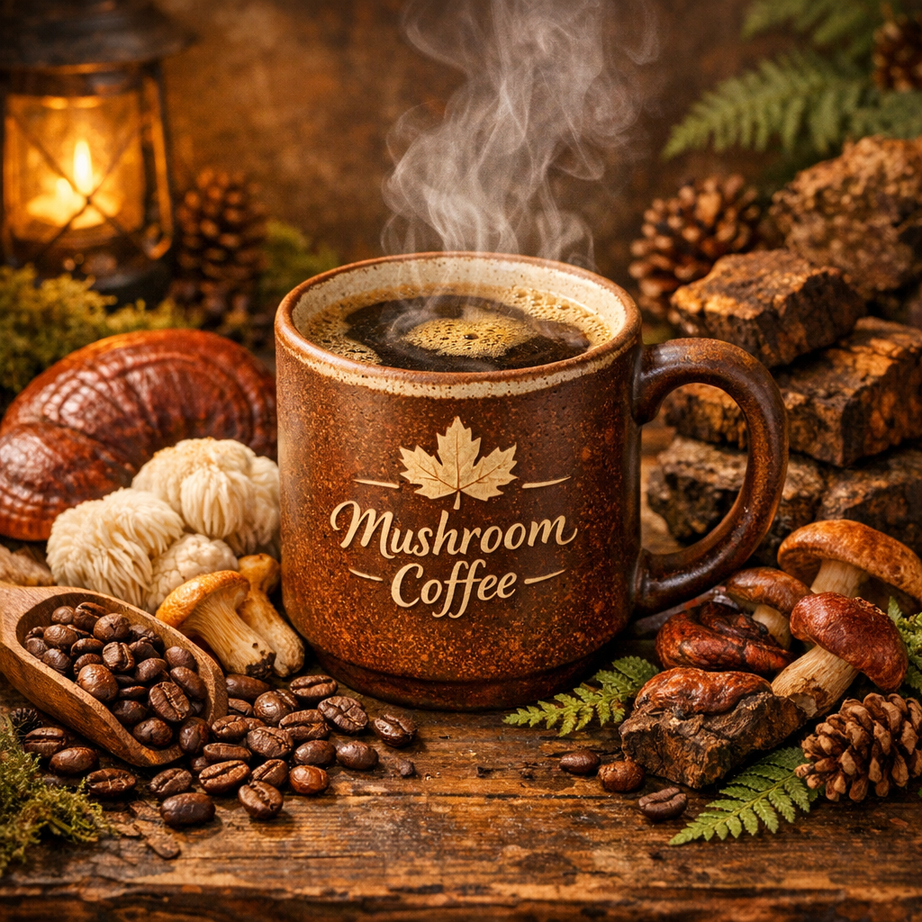 Mushroom coffee cup with maple leaf in autumn rustic setting