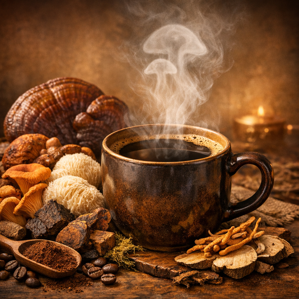 Steaming mushroom coffee cup with reishi, lion's mane and spices