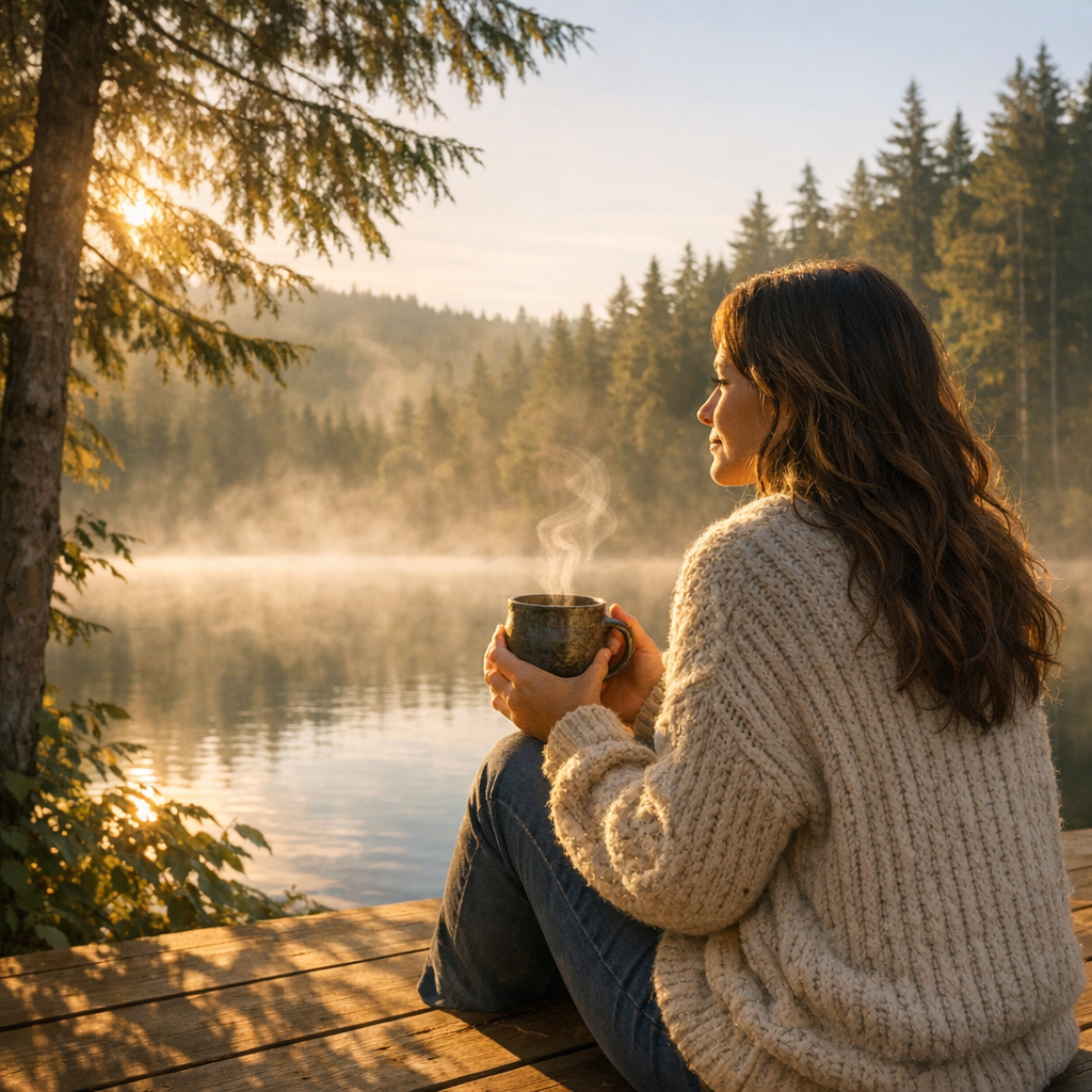 Woman lakeside on dock at sunrise with coffee mug in cozy sweater