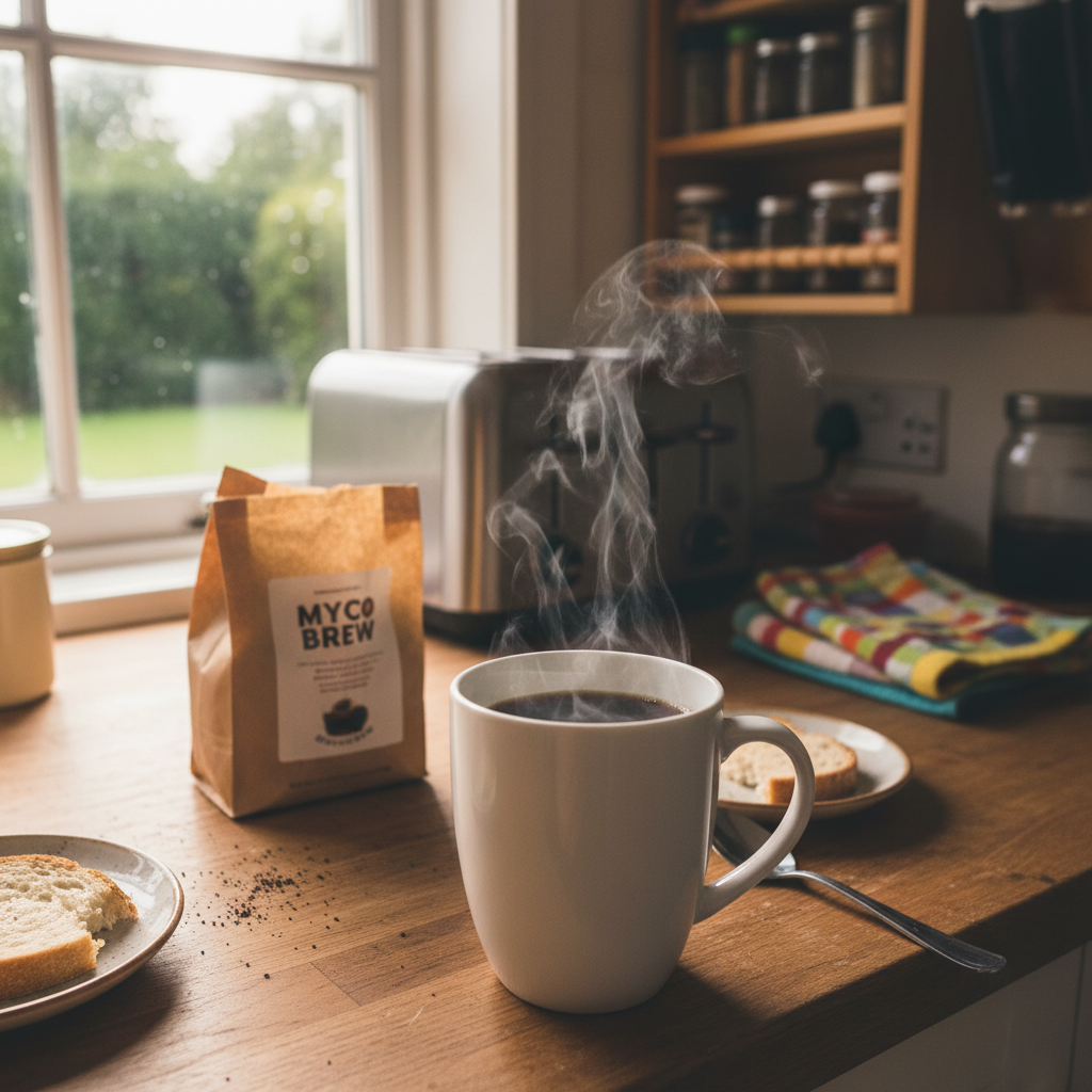 A steaming cup of mushroom coffee on a kitchen counter in morning light
