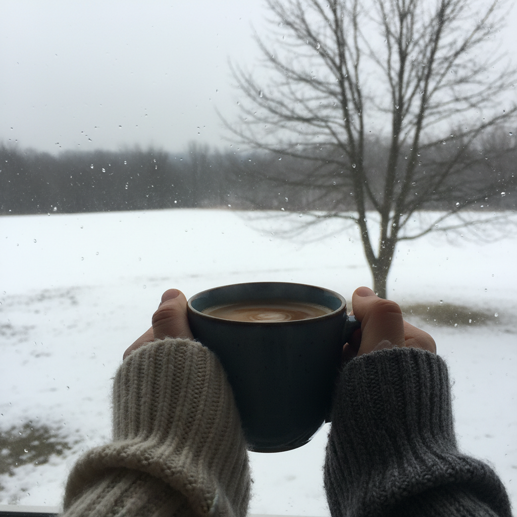 Enjoying a cozy cup of coffee by the window on a Canadian winter day