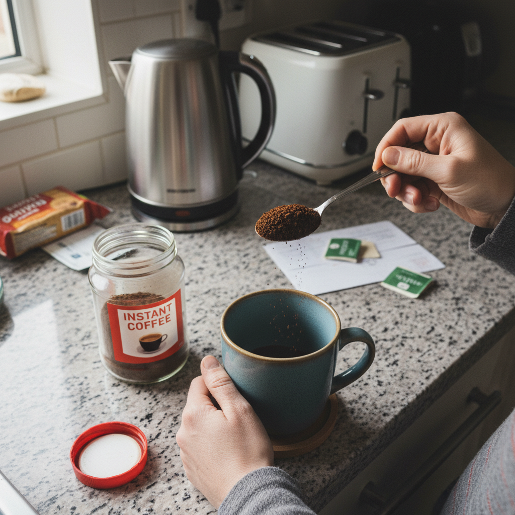 Preparing instant mushroom coffee in the kitchen