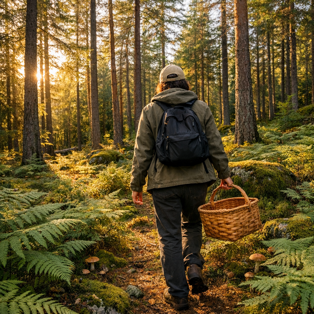 Canadian wilderness forager picking mushrooms in forest