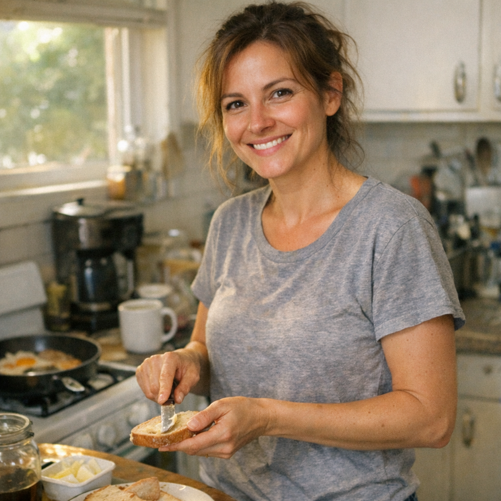 Happy woman in kitchen making breakfast with morning coffee routine