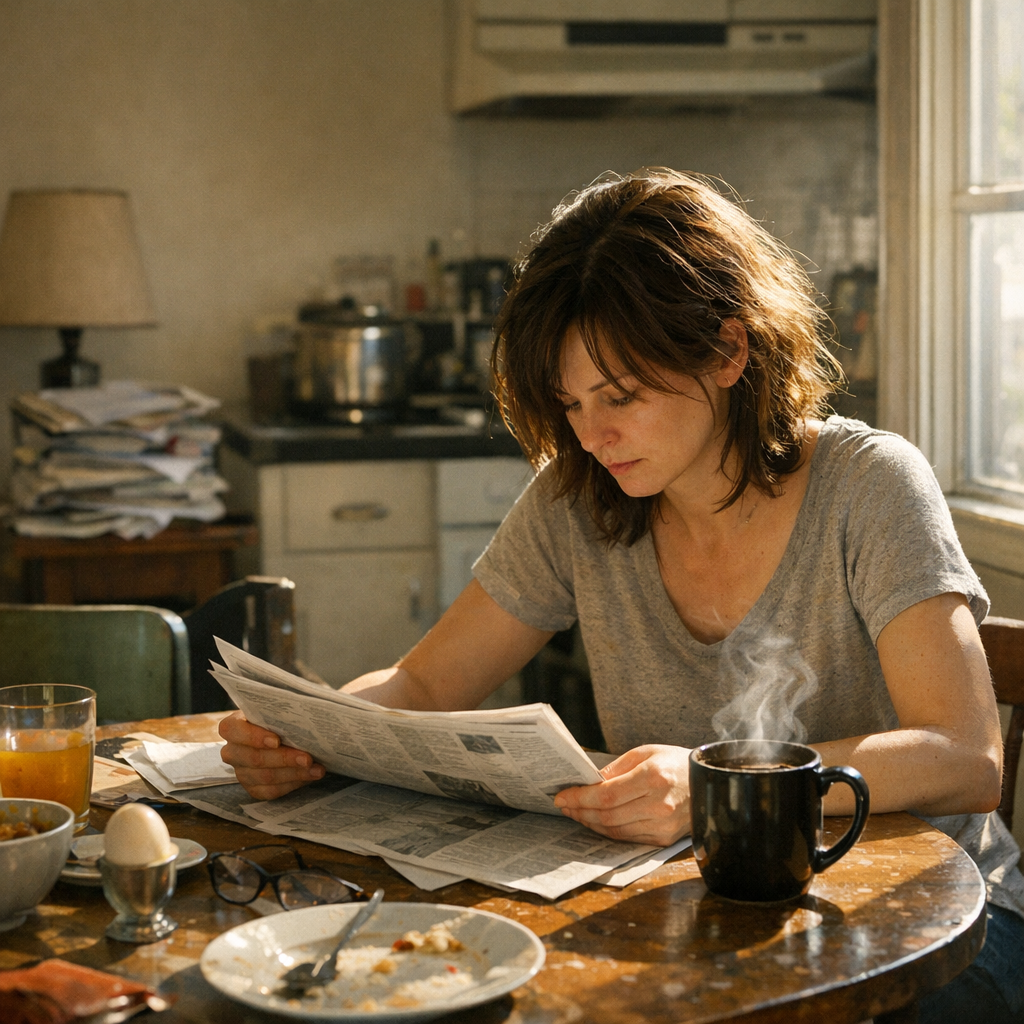 Woman reading newspaper at breakfast table with morning coffee