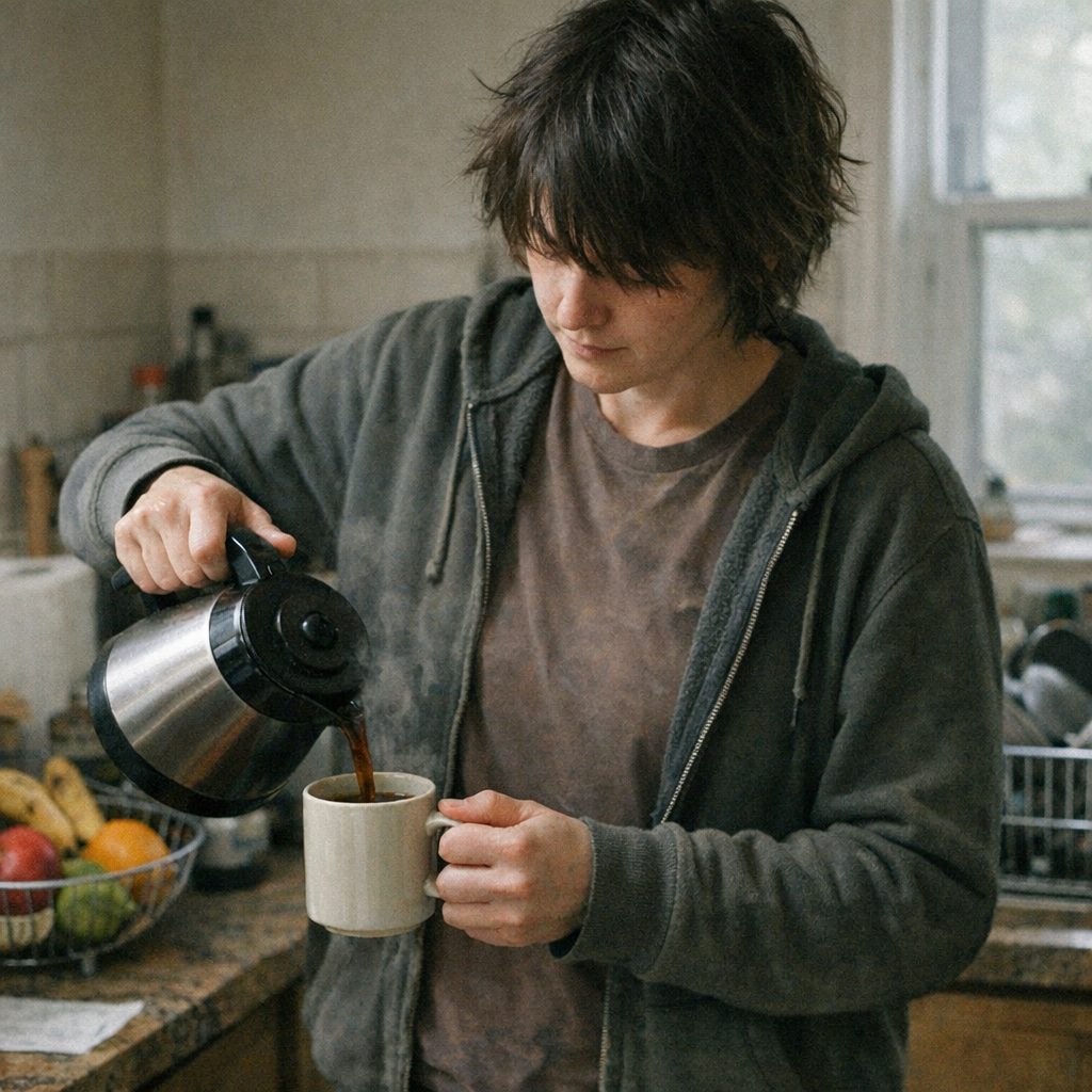 Young man pouring coffee in kitchen during morning routine