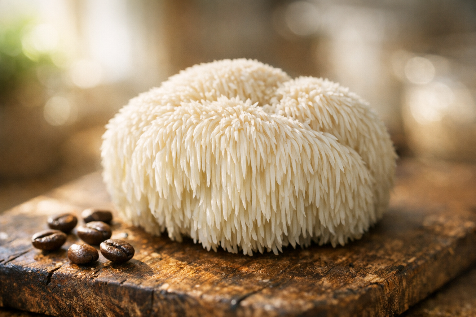 Lions mane mushroom with coffee beans on rustic cutting board