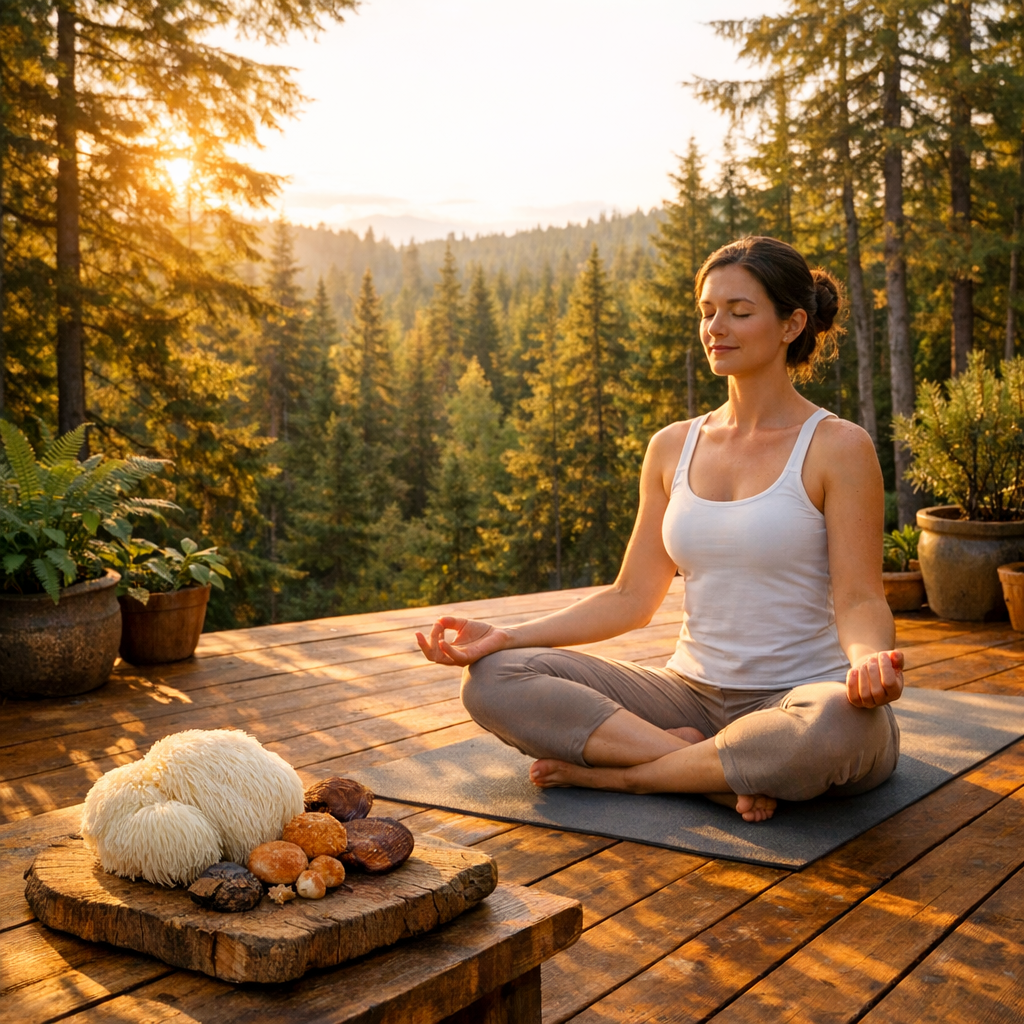 Woman meditating on deck with lions mane mushrooms displayed in forest wellness setting