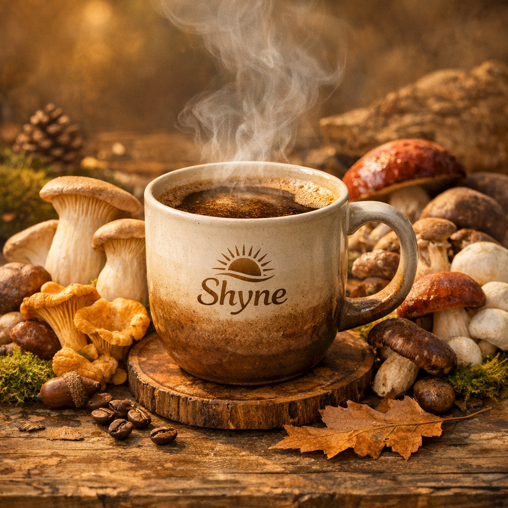Shyne coffee cup with lions mane chanterelle mushrooms on rustic surface